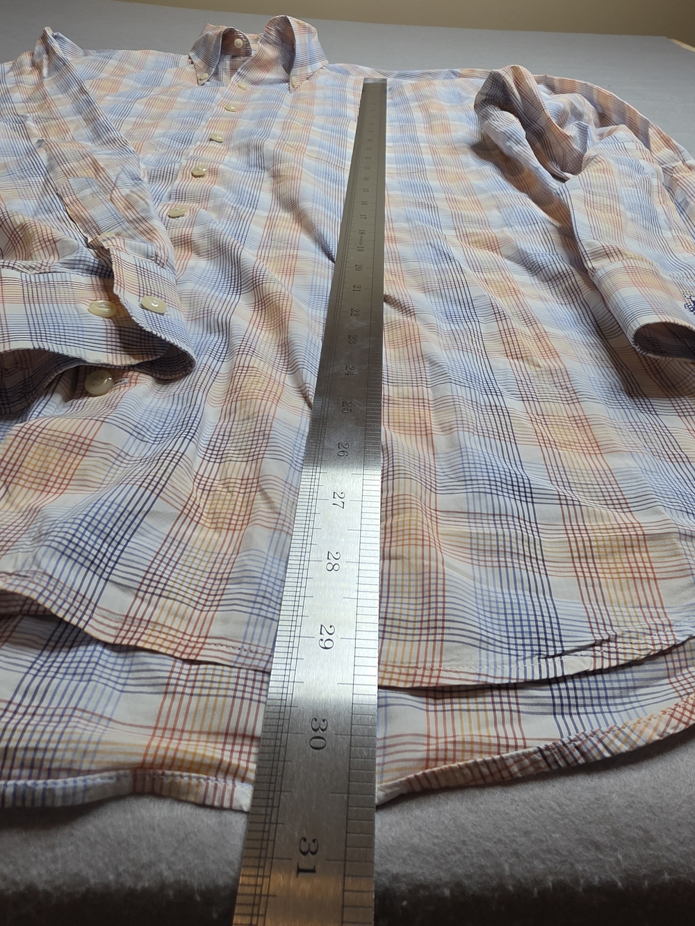 Peter Millar Mens Large Milo Blue & Tan Plaid Cotton Button Down Shirt Crown Fit - Picture 4 of 6